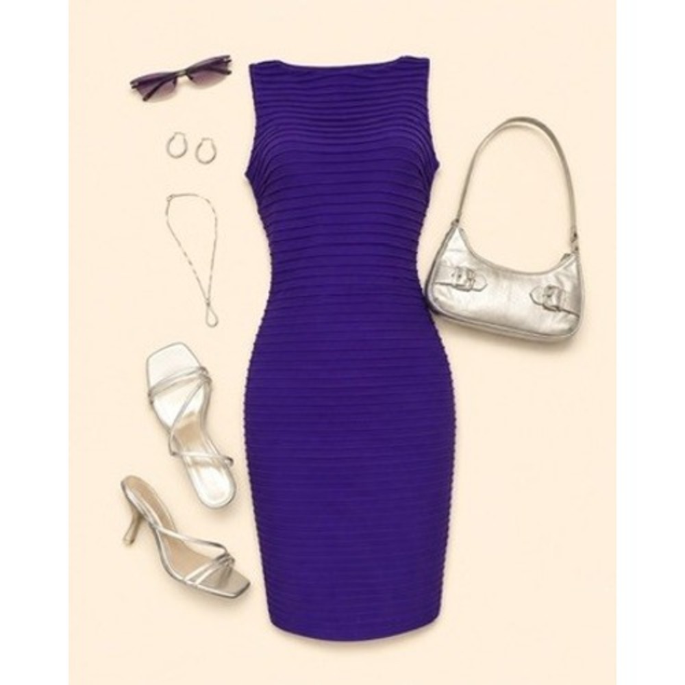 Cache Vintage Y2K Purple Pleated Sheath Bodycon Midi Dress Women's Size 8
